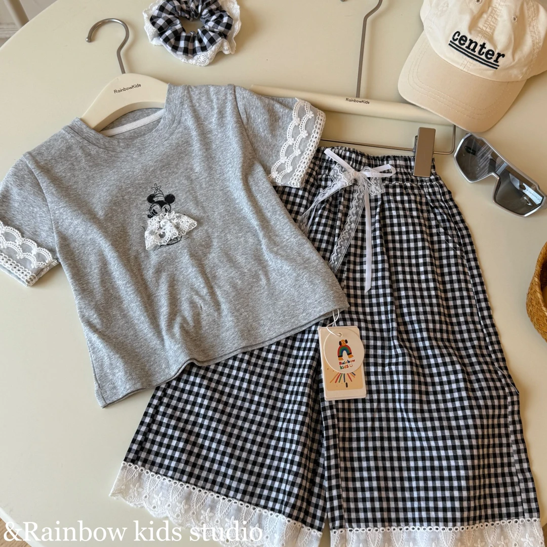 【彩虹家】2025夏款韩系蕾丝米老鼠T格子裤套装-88418
