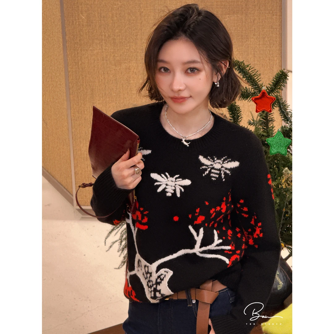 TXB “S+颂彩”100山羊绒进口撞色提花舒适圆领针织衫XB-8033