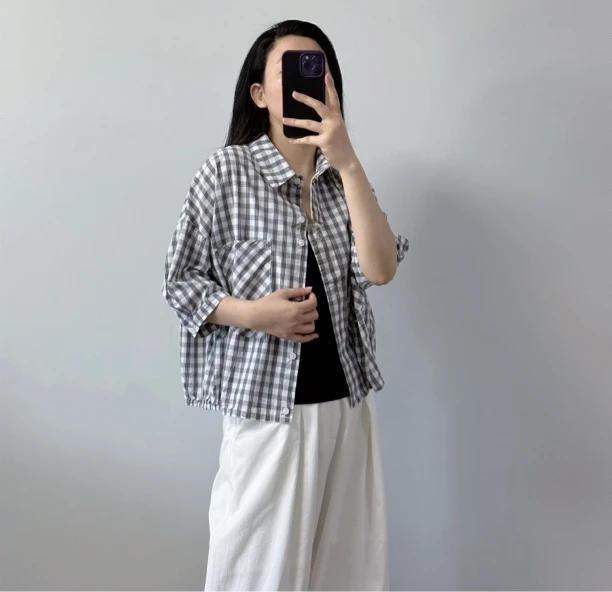 文艺格子纯棉短袖衬衫女夏季2025新款衬衣宽松休闲薄款翻领上衣