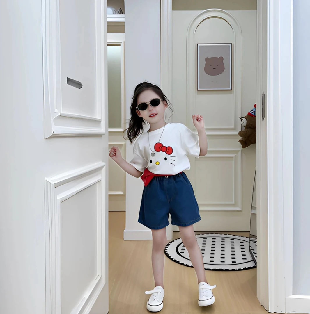 2025夏季新女童韩系可爱卡通印花短袖上衣女宝百搭简约牛仔短裤
