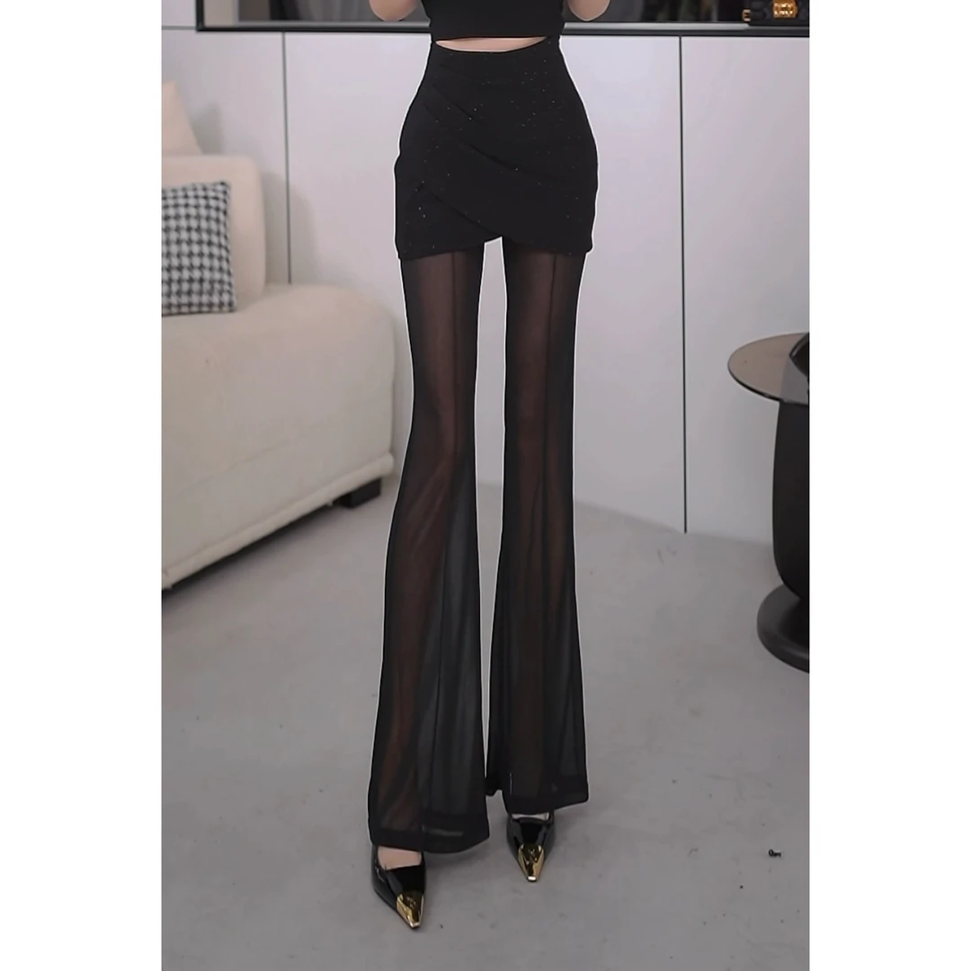 【老板娘高定】新款超薄透视性感洋气压褶裙裤喇叭裤防晒裤时髦2886