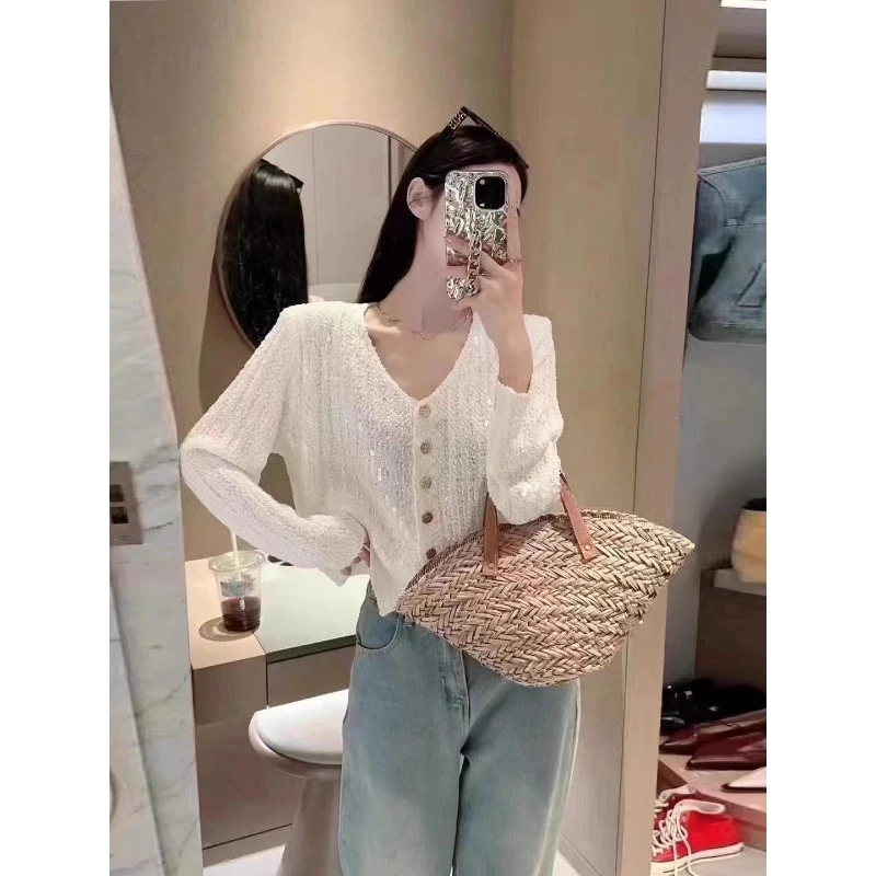 小香风轻奢亮片千金风名媛针织开衫女亮闪闪V领薄毛衣外套长袖款