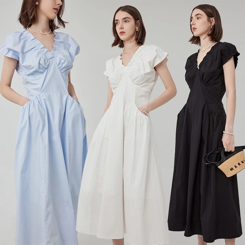 范洛法式V领连衣裙女设计感新款褶皱插袋收腰泡泡袖裙子FX23L279