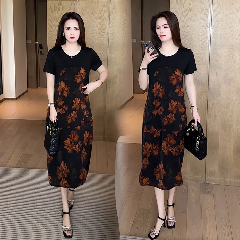 夏季新款时尚洋气妈妈连衣裙气质显瘦遮肉宽松大码印花短袖裙子女