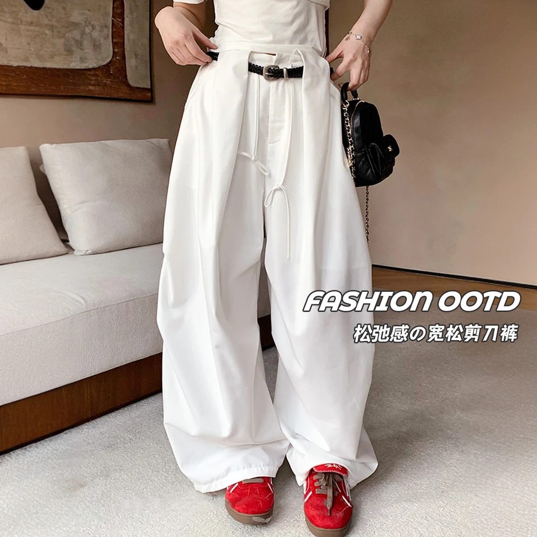 夏季新款美式抽绳松弛感宽松阔腿裤女慵懒高腰显瘦弯刀工装剪刀裤