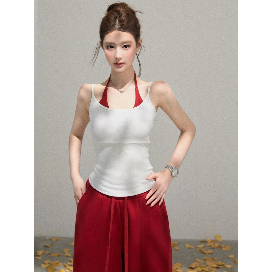 【谢不肉】挂脖拼接撞色假两件吊带背心女秋休闲百搭时尚上衣50391