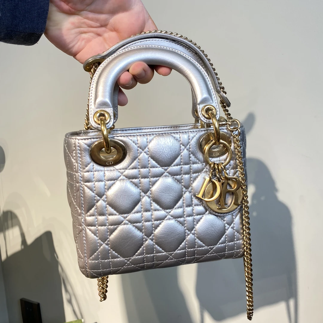 95新 DIOR/迪奥 珠光银戴妃三格手提斜挎包