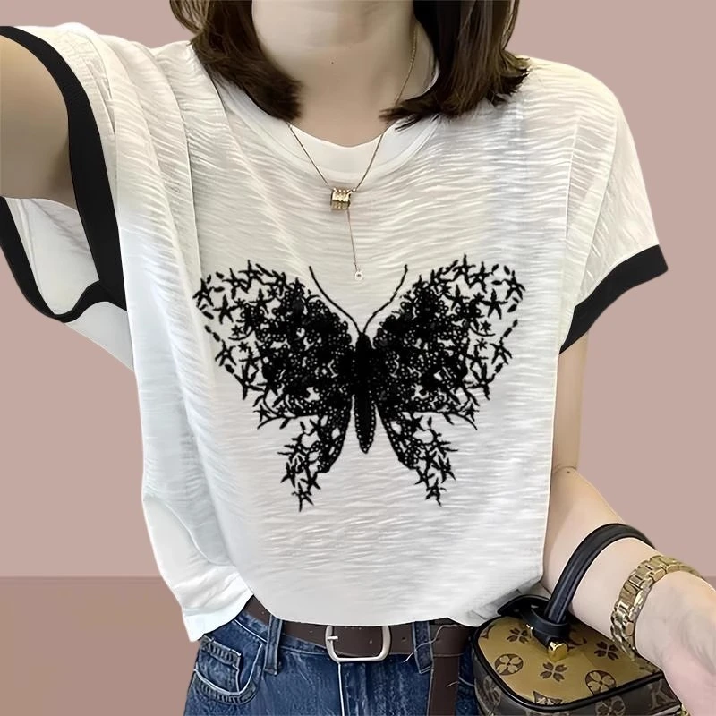 7261#夏季大码宽松竹节螺纹蝴蝶印花短袖T恤显瘦休闲透气上衣女装