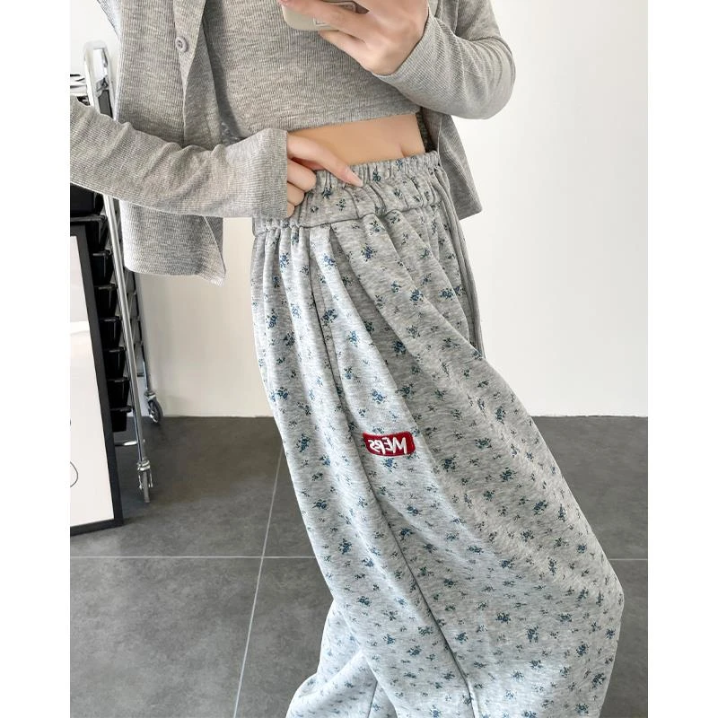 灰色碎花抽绳运动裤女冬季阔腿休闲慵懒风垂感宽松显瘦直筒卫裤子