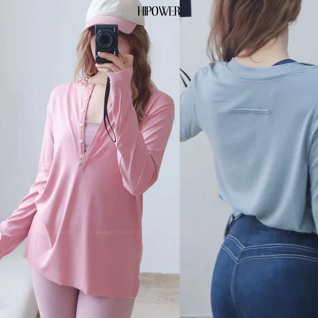 HIPOWER莱赛尔天丝排扣T恤长袖宽松显瘦薄春夏舒适运动健身上衣女