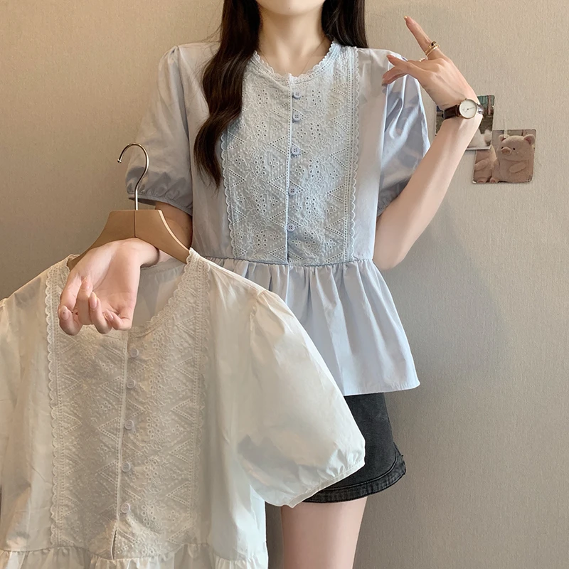 2025夏装新款胖mm大码女法式甜美蕾丝泡泡袖衬衫短袖春游出行衣服