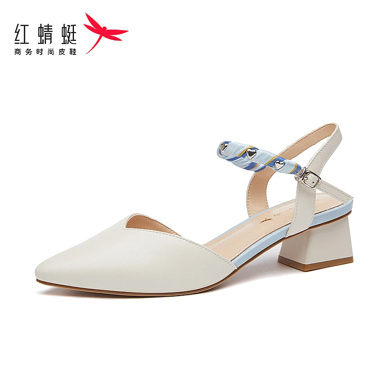 红蜻蜓高跟羊皮软底尖头女士包头凉鞋新款夏季真皮配裙子