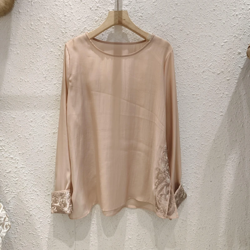 2025早春新款国风气质圆领纯色刺绣重工天丝轻薄长袖衬衫上衣女