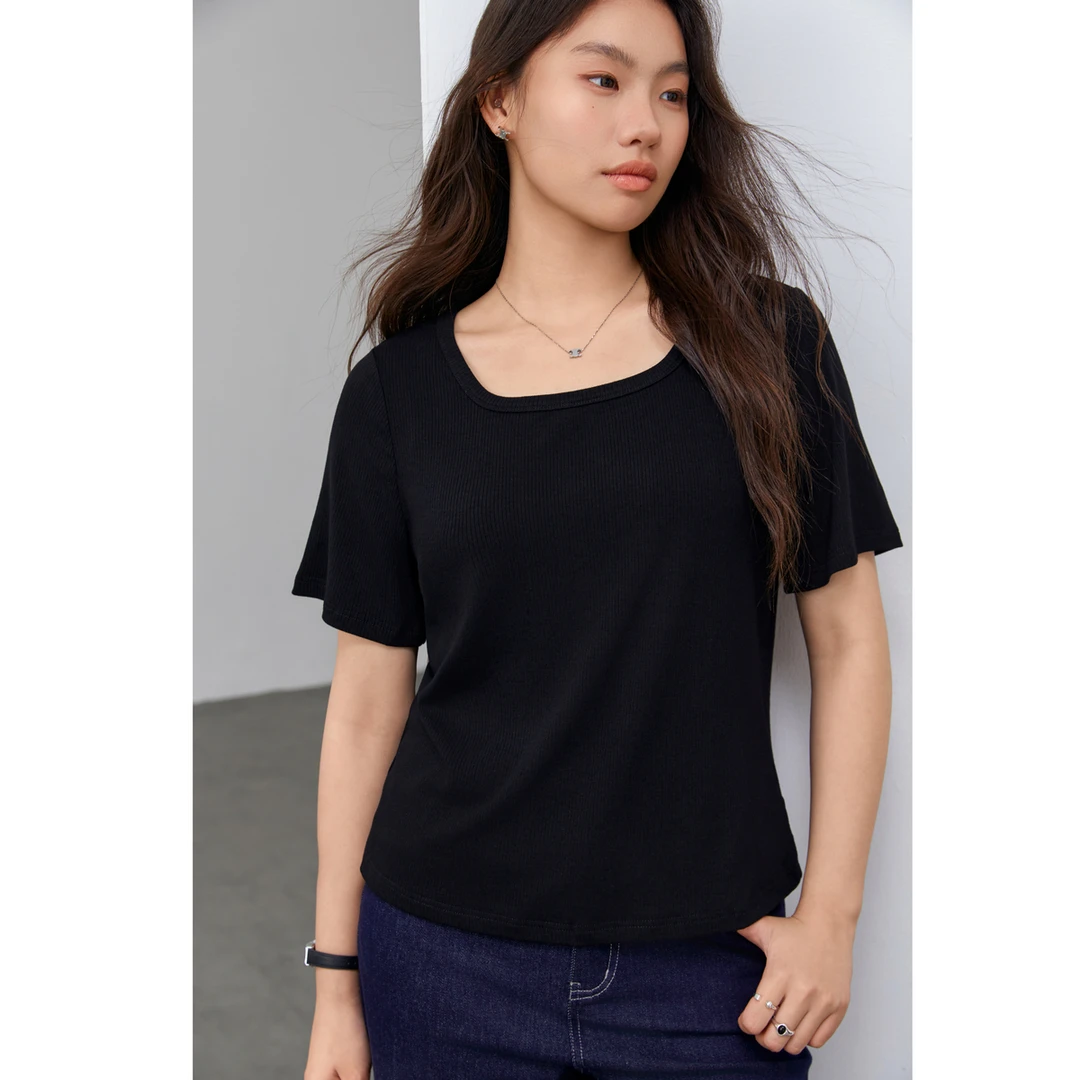 【欧若轻机能穿搭】纤莉秀W大码女装正肩微胖气质显瘦方领T恤QJ5841