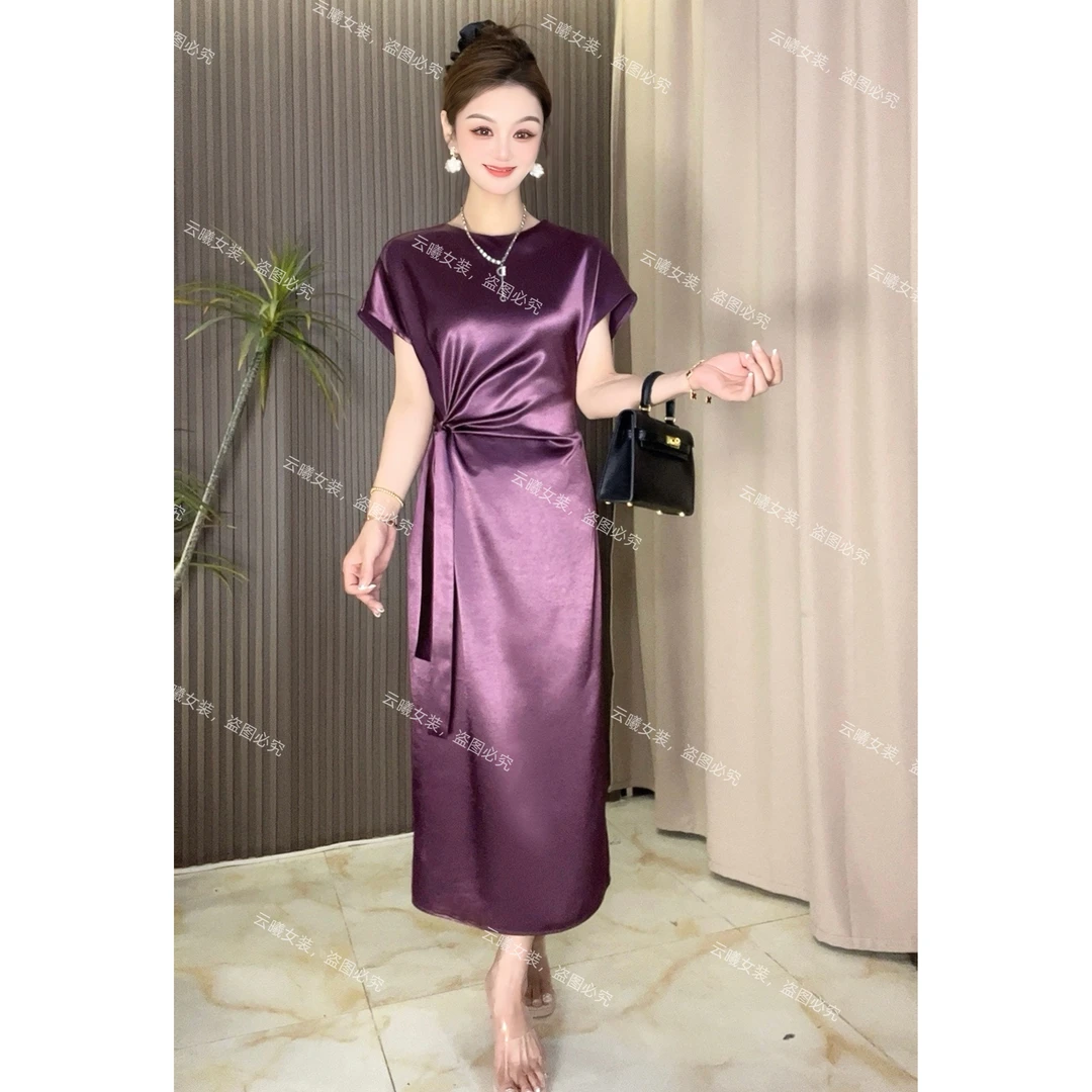 【系带连衣裙】高级奢华设计款醋酸缎面过膝连衣裙显瘦气质长裙