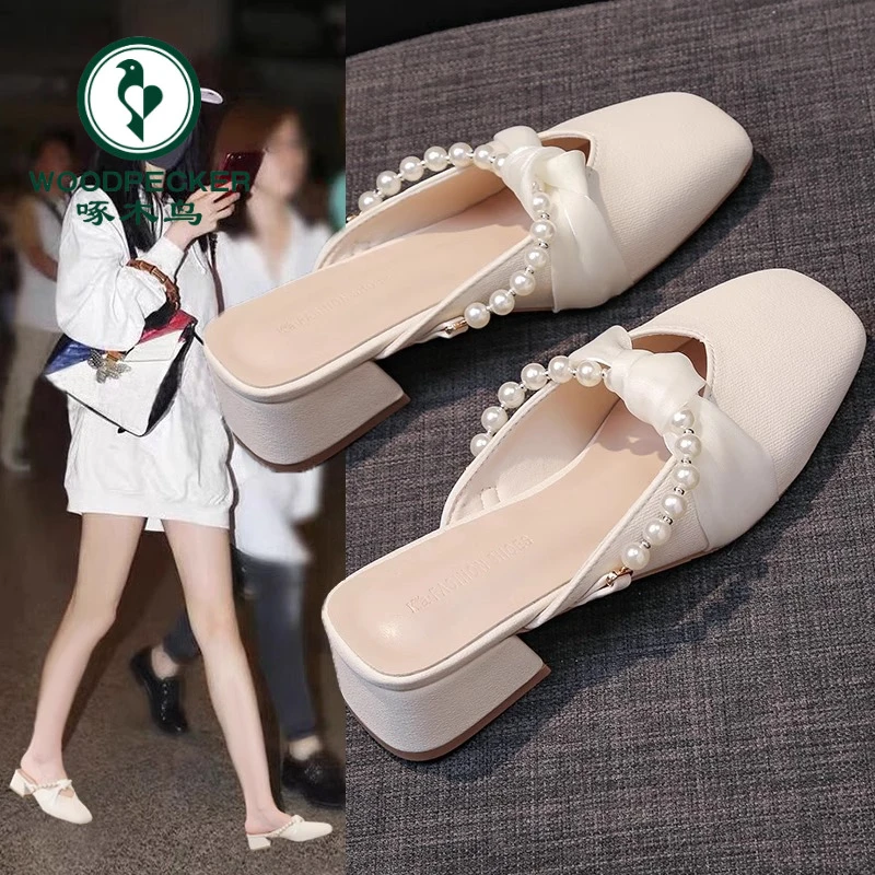 啄木鸟法式珍珠包头半拖鞋女2025春夏新款高跟鞋粗跟中跟懒人外穿