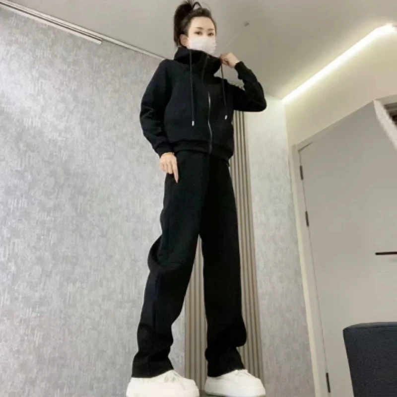 高含棉休闲运动服套装女2025年春季新款洋气连帽外套直筒裤两件套