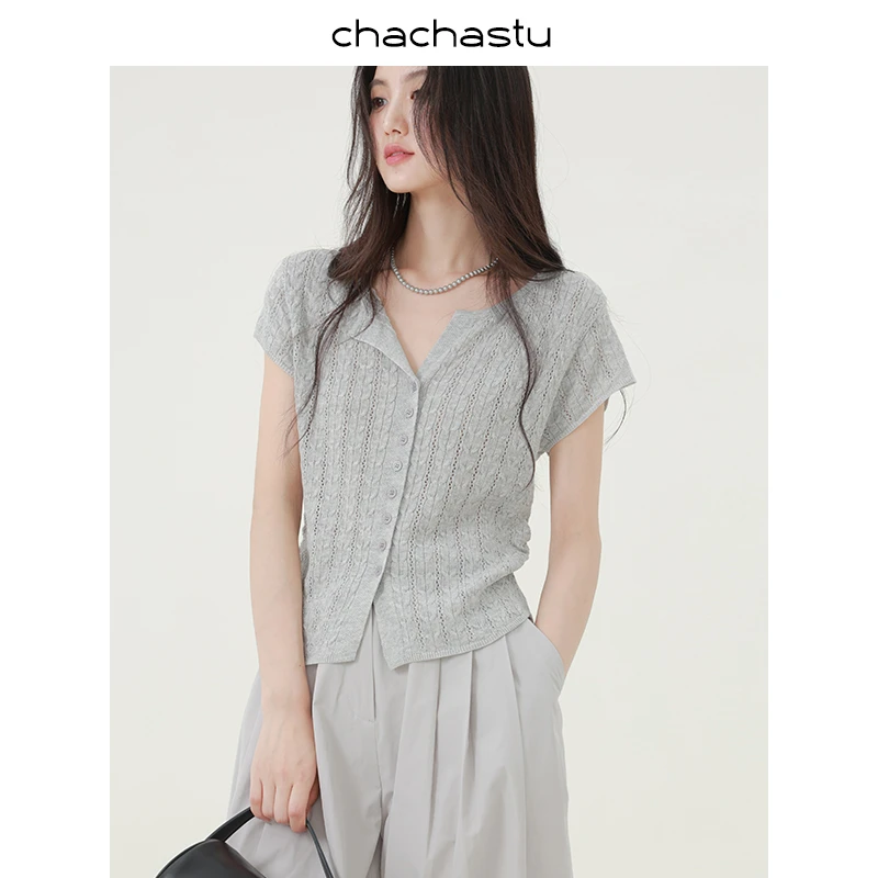 CHACHASTU【出游】慵懒老钱~复古麻花开领显瘦针织衫F25960