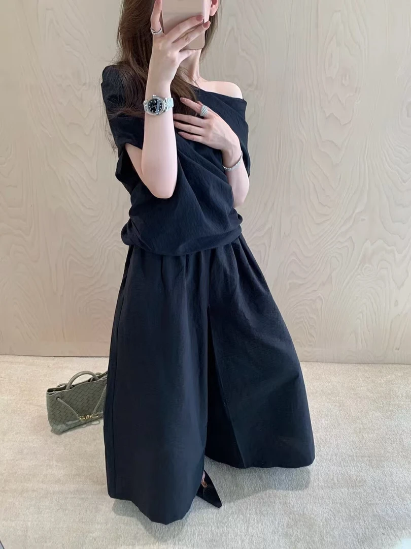 WHMT（8806#库）韩系慵懒大裙摆百搭松紧腰阔腿休闲裤 腰围64裤长99