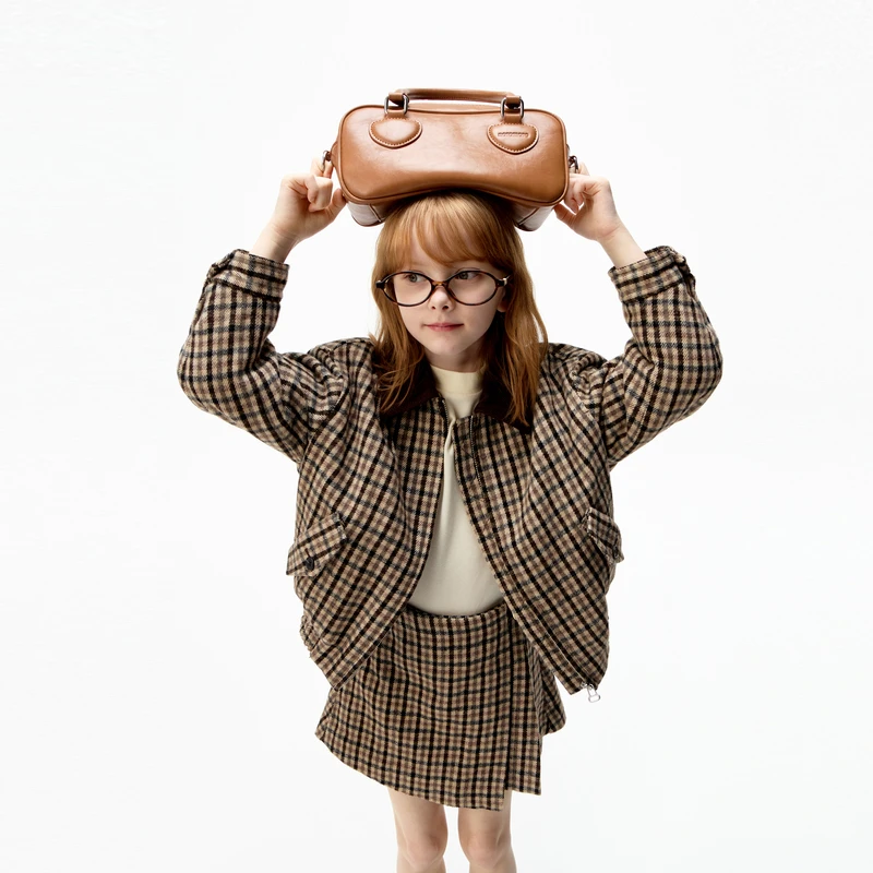 littlemoco童装25冬装新款男女童学院风格纹棉服外套保暖