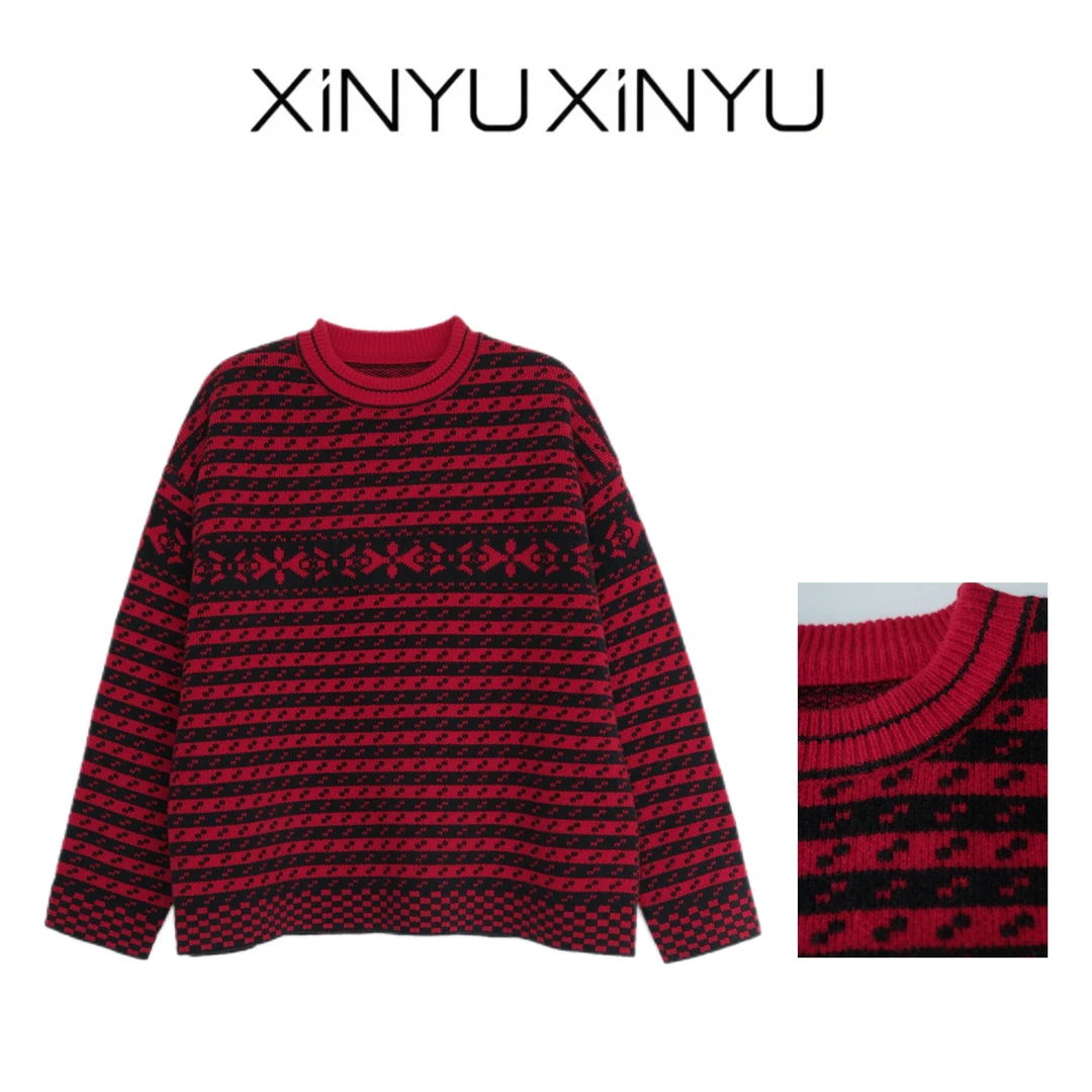 XINYU/芯与100绵羊毛雪花条纹撞色针织毛衣 424140 时尚 宽松
