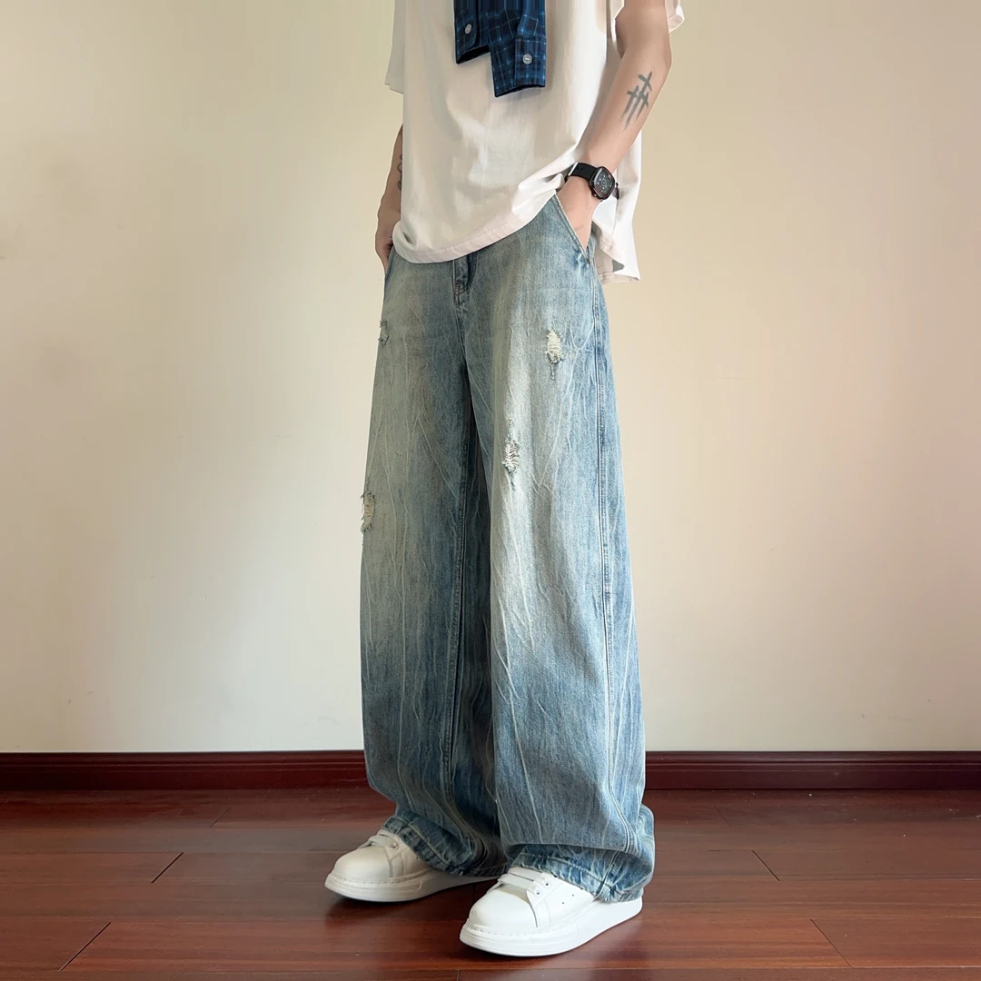 美式复古裂纹水洗磨破休闲阔腿牛仔裤男秋季新款潮流百搭阔腿裤