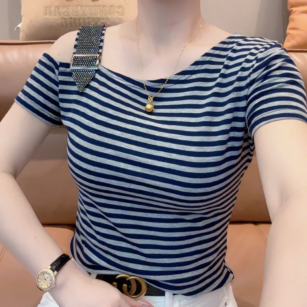 小敏家,夏季新款简约露肩修身短袖T恤女百搭时尚显瘦