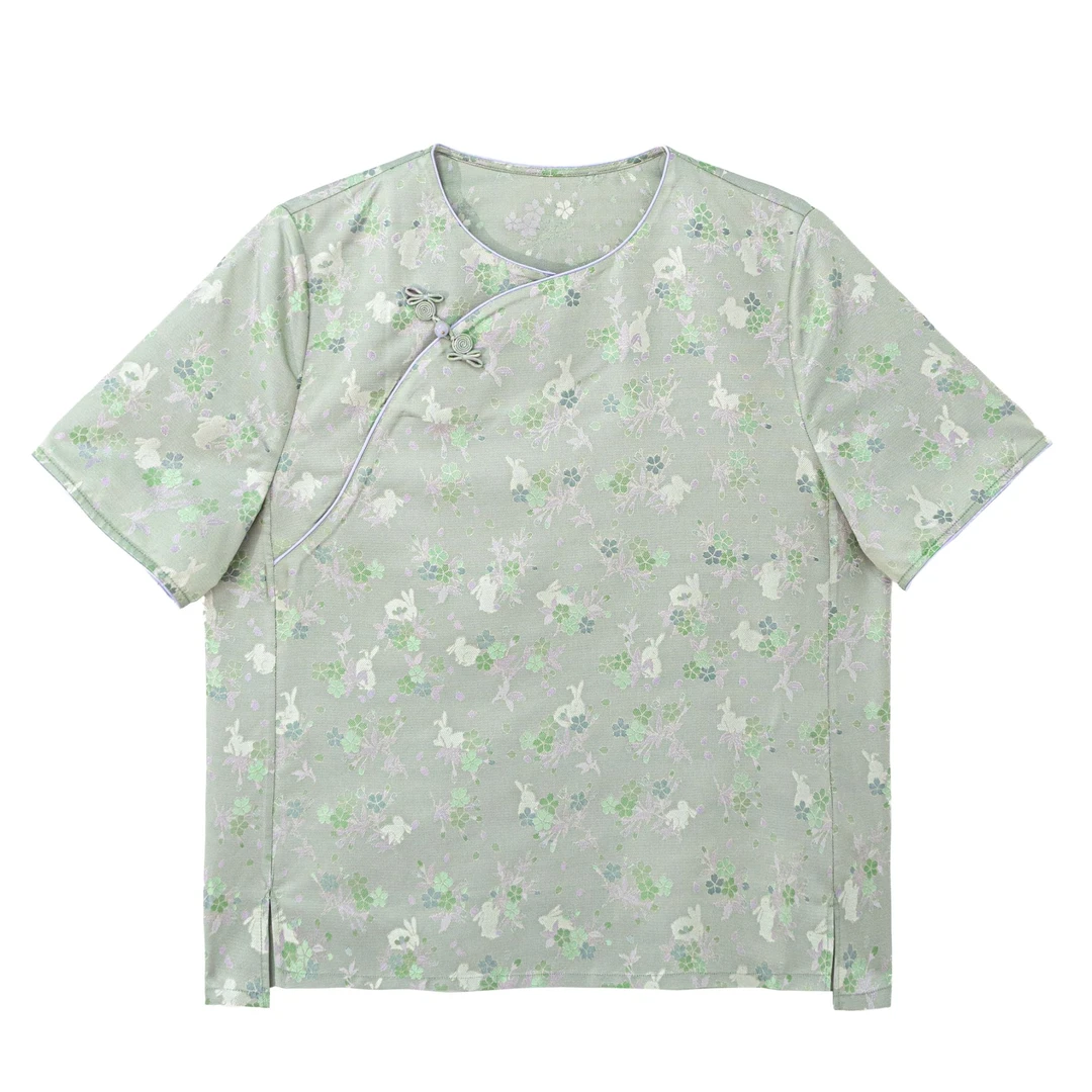 【茵语】新中式桑蚕丝夏季短袖异色罗提花圆领上衣气质风25159