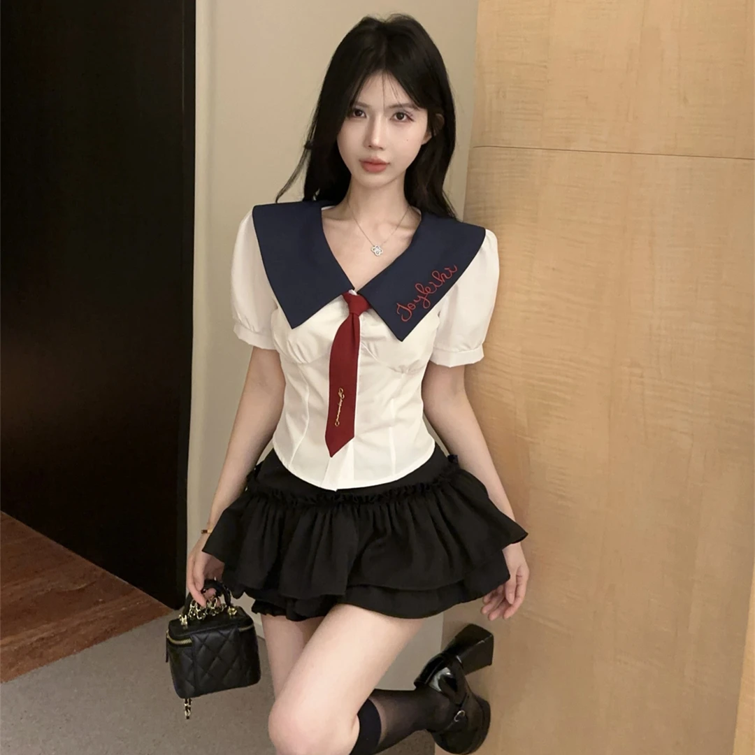 甜辣学院风减龄拼色领修身JK制服短衬衣显瘦高腰半身蛋糕裙套装