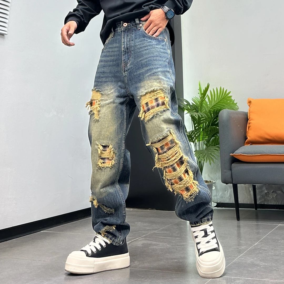 美式重磅水洗复古牛仔裤男高端潮流破洞补丁宽松哈伦长裤子