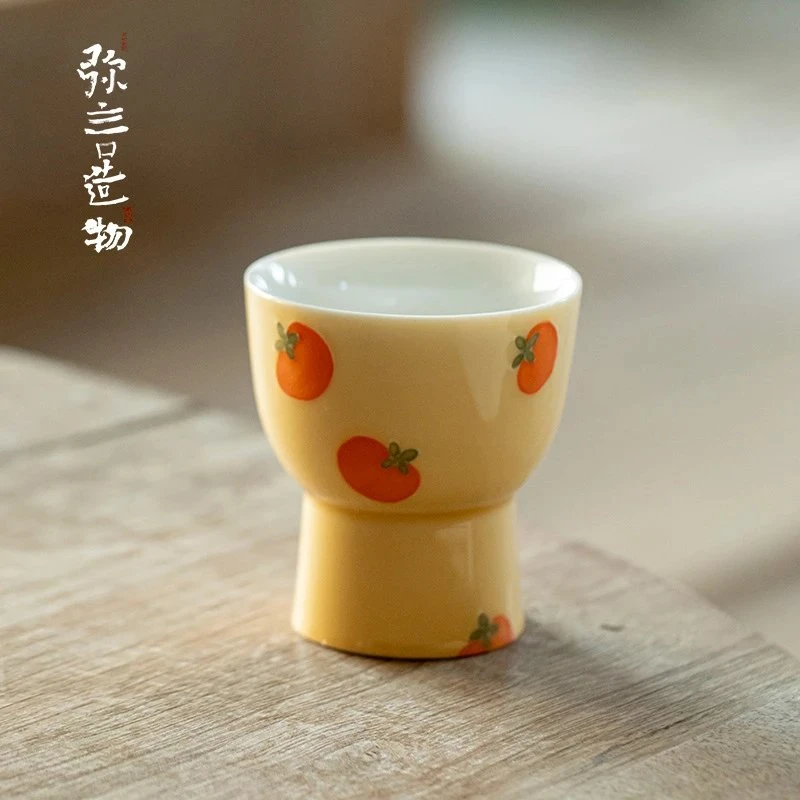 当代 手绘柿子高足主人杯陶瓷家用茶杯单杯手工釉下彩创意茶具