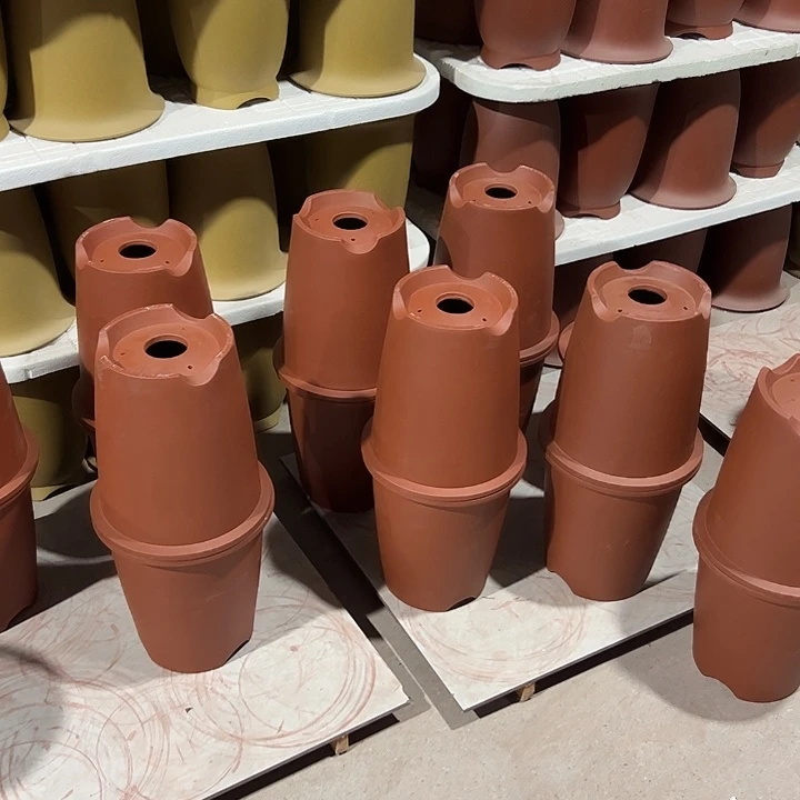 紫砂花盆微瑕大帽桶红色