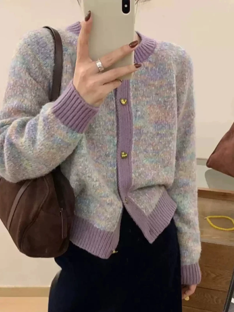 古早配色绝美小香风花纱紫色圆领开衫针织衫慵懒风宽松软糯外套厚