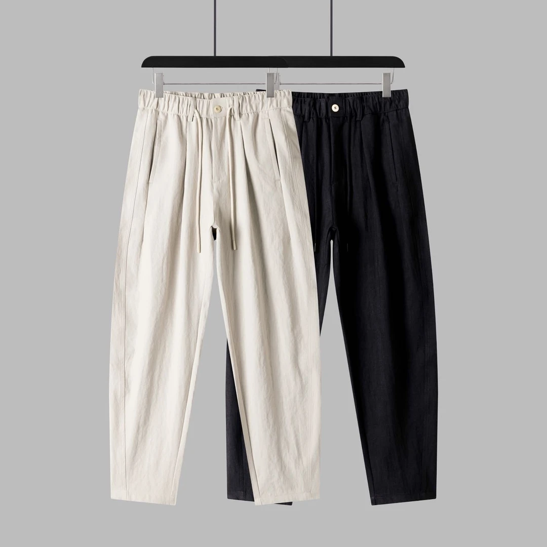 DMR夏季男士薄款亚麻冰丝弯刀裤宽松时尚百搭休闲裤纯色微弹