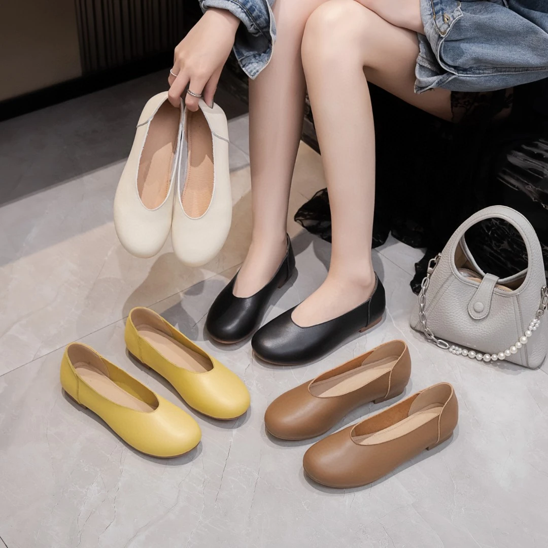 素颜头层牛皮奶奶鞋女2025夏季软底浅口舒适软底孕妈一脚蹬豆豆鞋