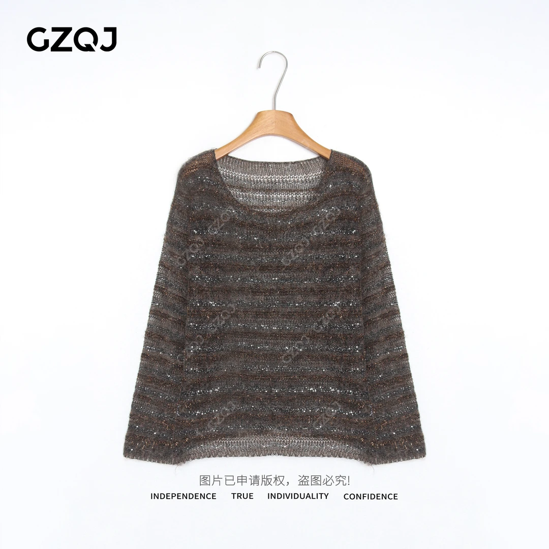 老琴私服【织星星】琥珀流光风轻奢亮片圆领长袖针织衫毛衣女 35811