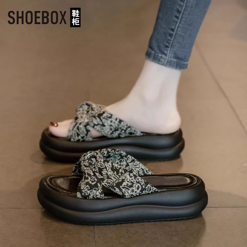 SHOEBOX鞋柜凉拖鞋女外穿2025新款夏季仙女风配裙子厚底一字拖
