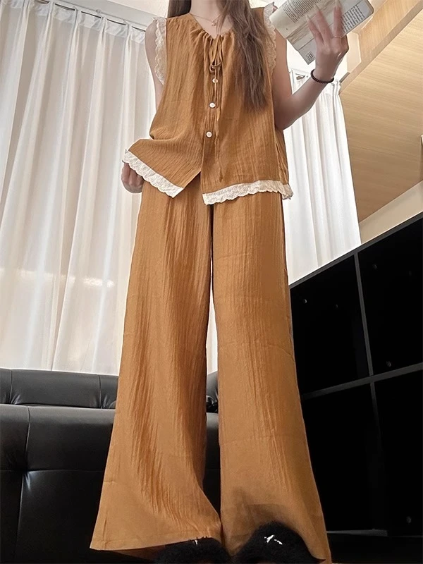 【DMXJ大梦想家】韩系花边设计感睡衣女夏季新款阔腿长裤家居服套装