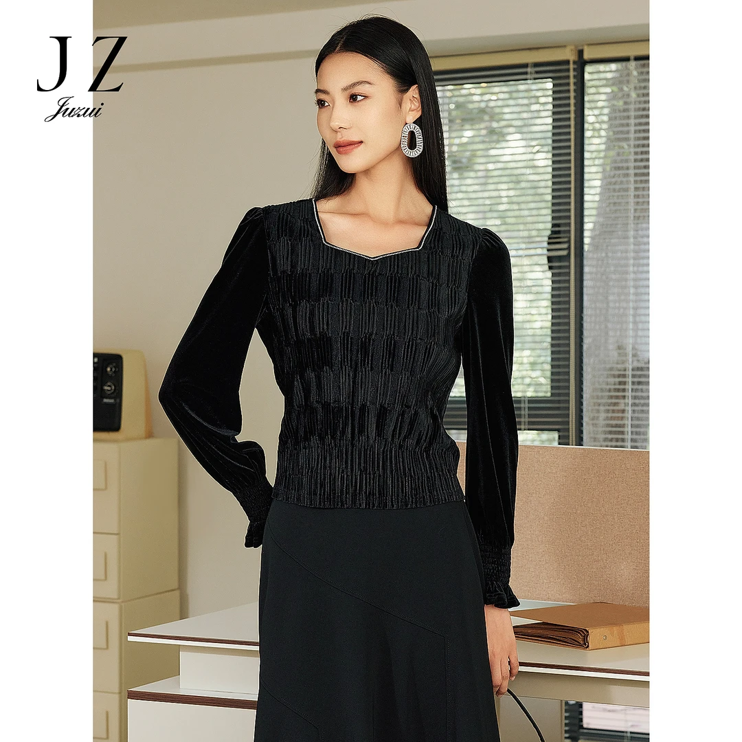 【小余专属】JZ玖姿JWFC80112商场同款优雅立体褶皱丝绒上衣女春