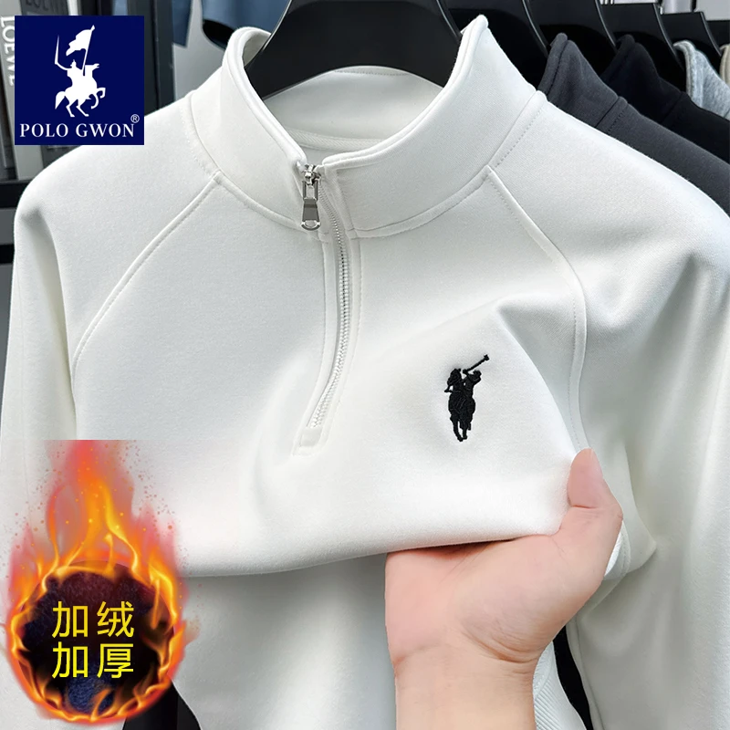 POLOGWON/保罗秋冬新款男士立领半拉链卫衣加绒加厚休闲运动上衣