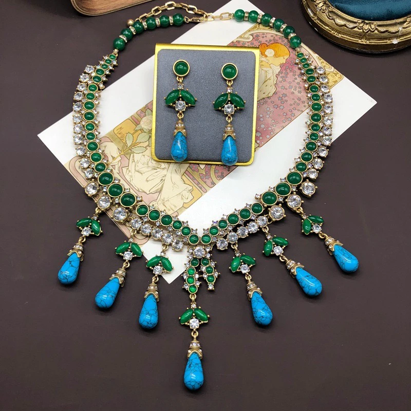 铜合金琉璃项链 项链耳饰套装中古vintage西洋风蓝松镶嵌流苏吊坠