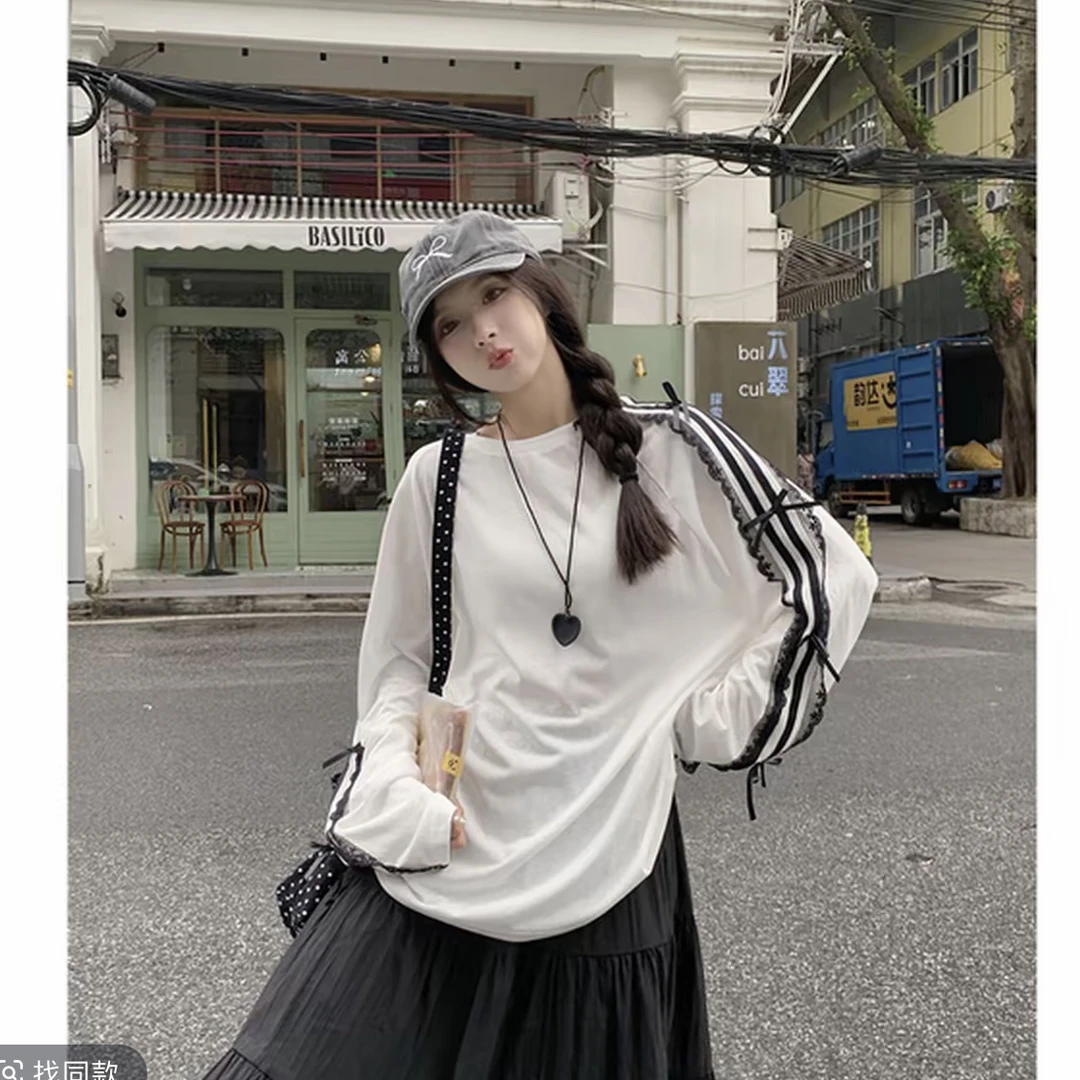大码蕾丝花边条纹蝴蝶结防晒T恤女夏季韩系休闲宽松设计感防晒