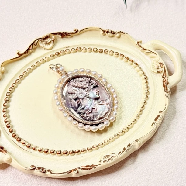 【六六中古】孤品复古银925卡梅奥黑蝶贝淡水珍珠吊坠ty1874