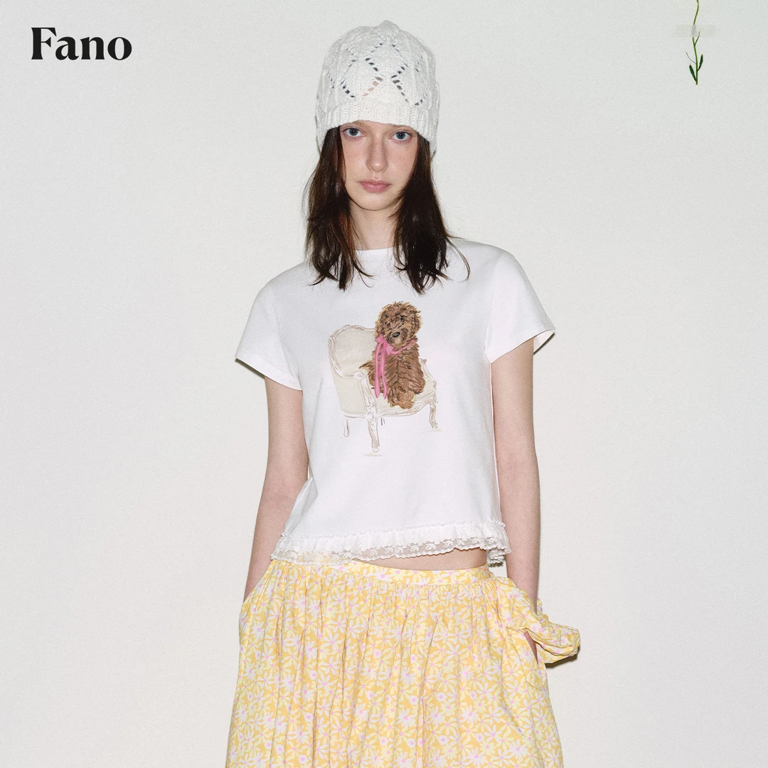 3.20上新 嗲酷单品“蕾丝下摆 蝴蝶结小狗”小飞袖T恤FC25S203