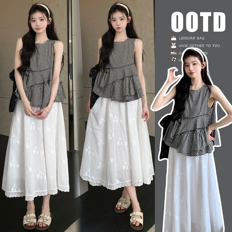 孕妇装夏装2025新款时尚洋气时髦潮妈格子短袖上衣半身裙高级夏季