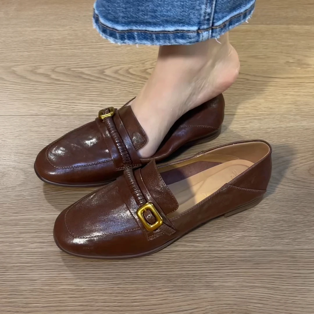 单鞋2025秋季新款羊皮超软气质休闲百搭真皮复古英伦风平底乐福鞋