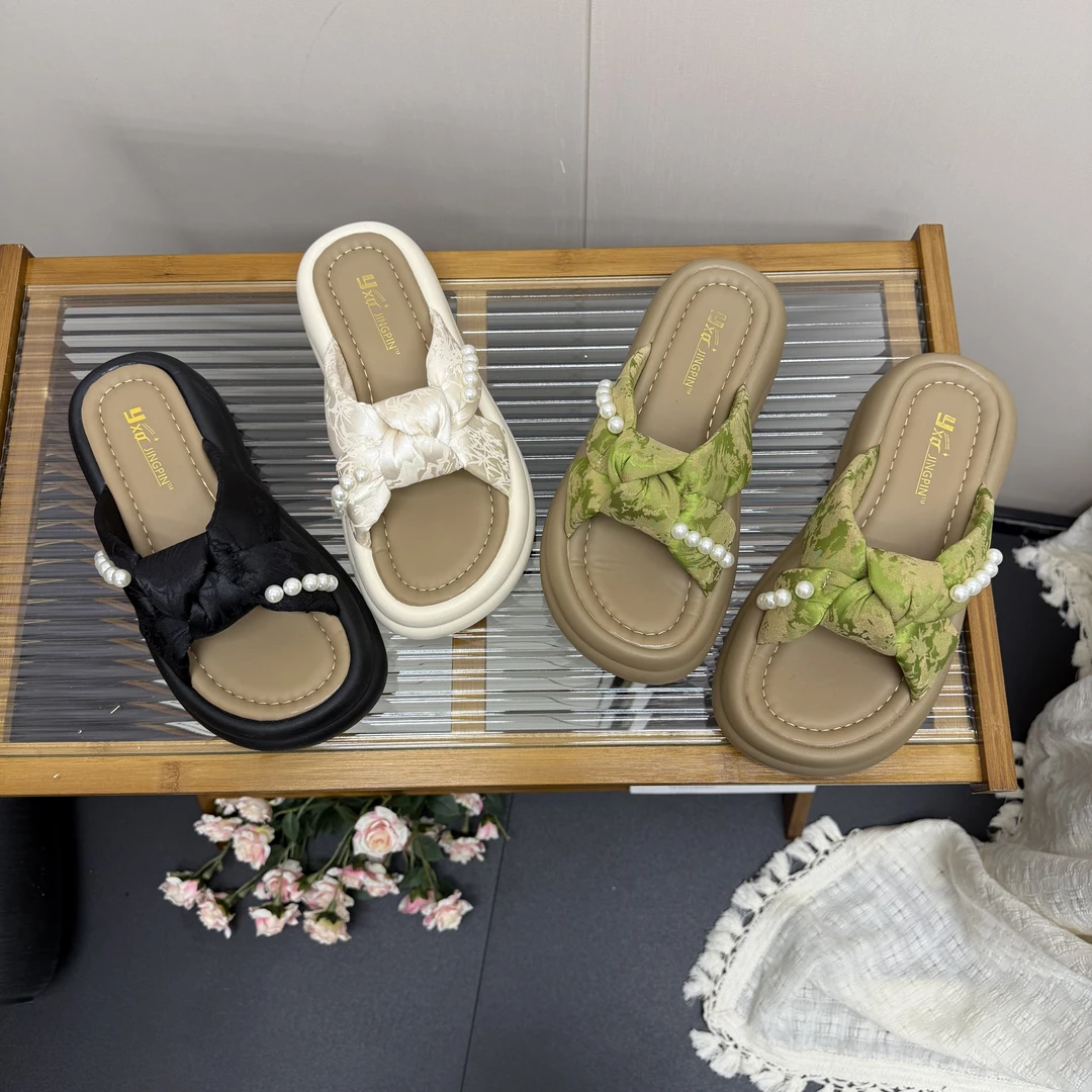 【主推款 现货】2025夏爆款珍珠交叉带厚底拖鞋女时尚百搭外穿防滑