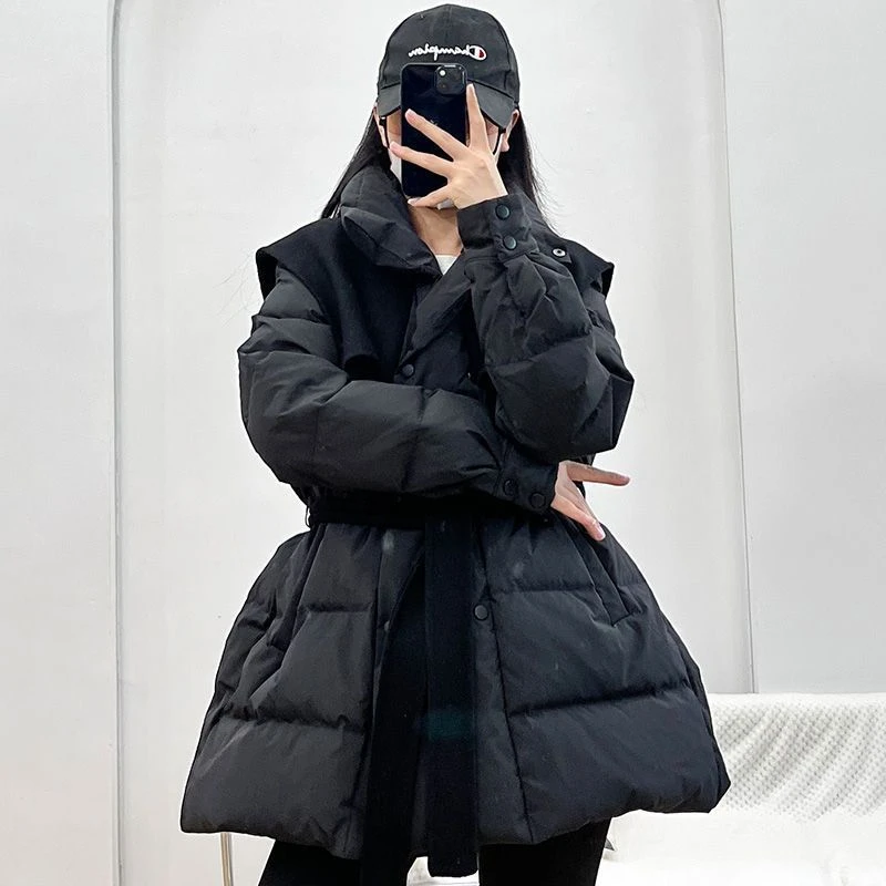 E披肩设计感棉服女中长款2025年冬季新款韩国收腰系带系宽松外套