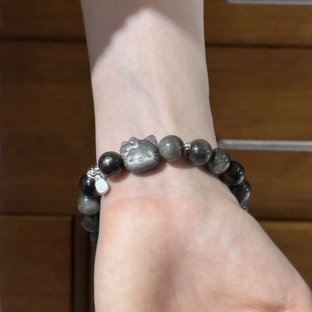 SG710-银曜石kitty猫猫头银配件手串均有瑕多样性发