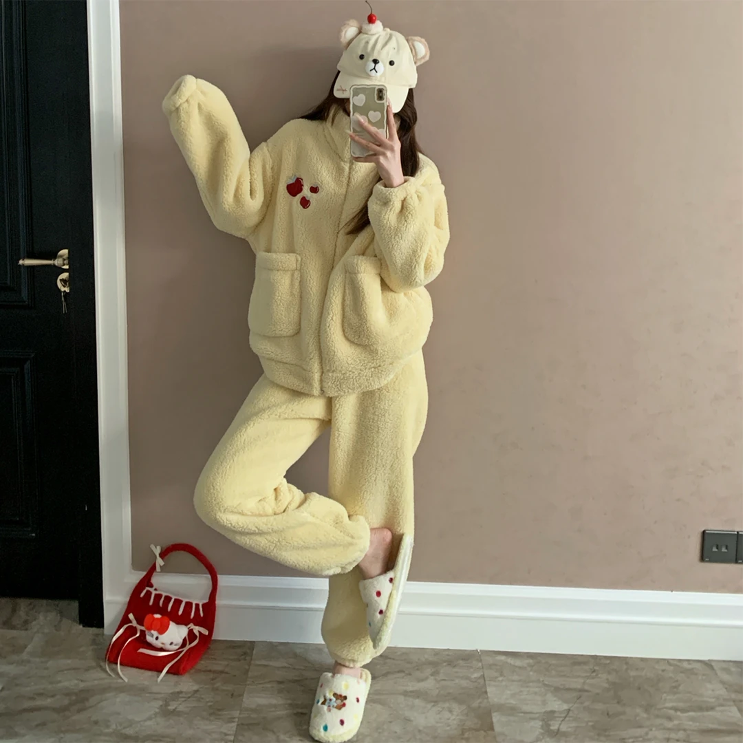 2025冬季新款长毛绒睡衣女加厚保暖高领拉链学生可外穿家居服套装